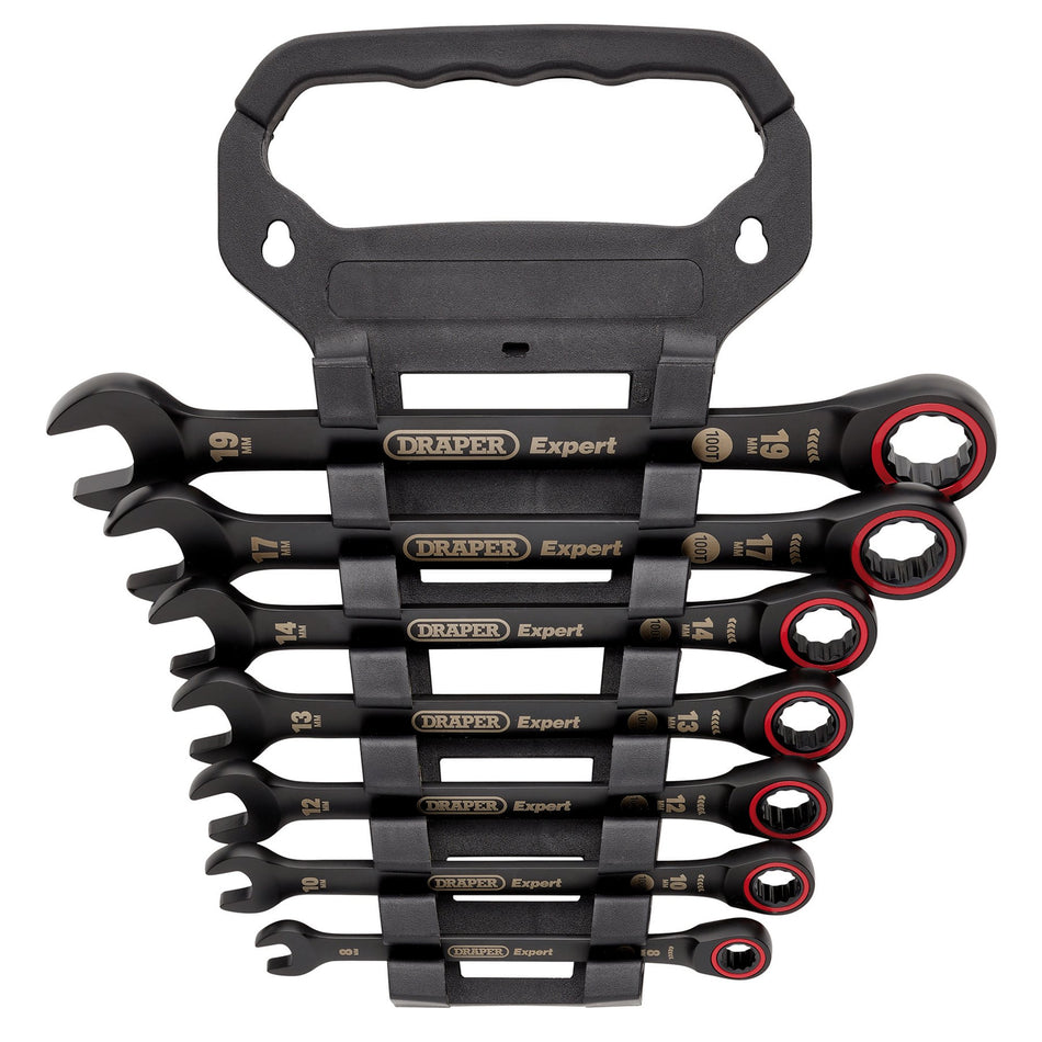 Draper Expert HI-TORQ Metric Ratchet Combination Spanner Set, Black (7 Piece) : Model No. 8241MM/BK/7