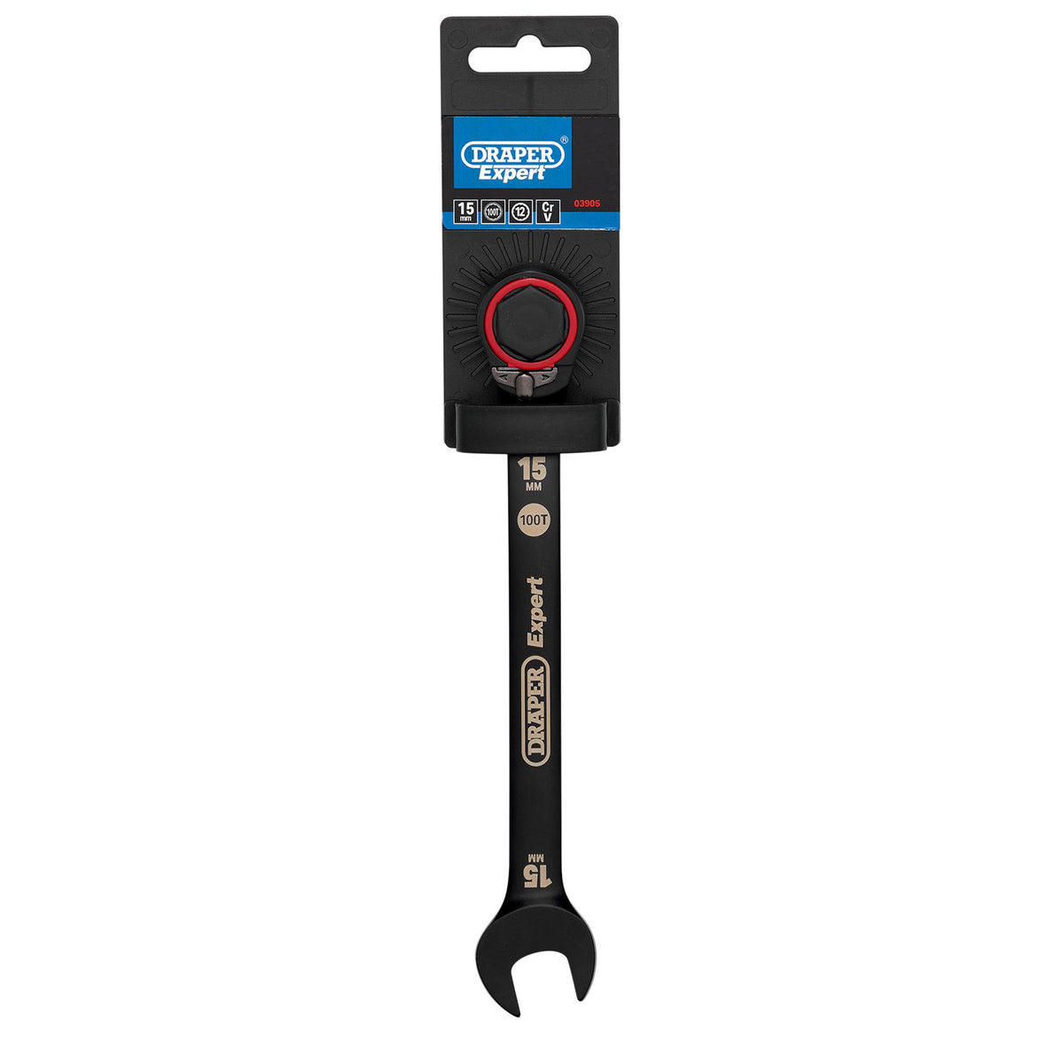 Draper Expert HI-TORQ Metric Reversible Ratchet Combination Spanner, 15mm, Black: No.8241RMM/BK