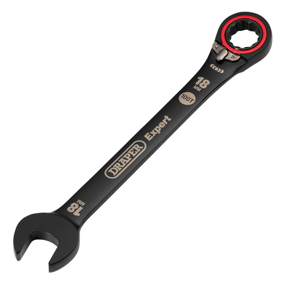 Draper Expert HI-TORQ Metric Reversible Ratchet Combination Spanner, 18mm, Black: No.8241RMM/BK