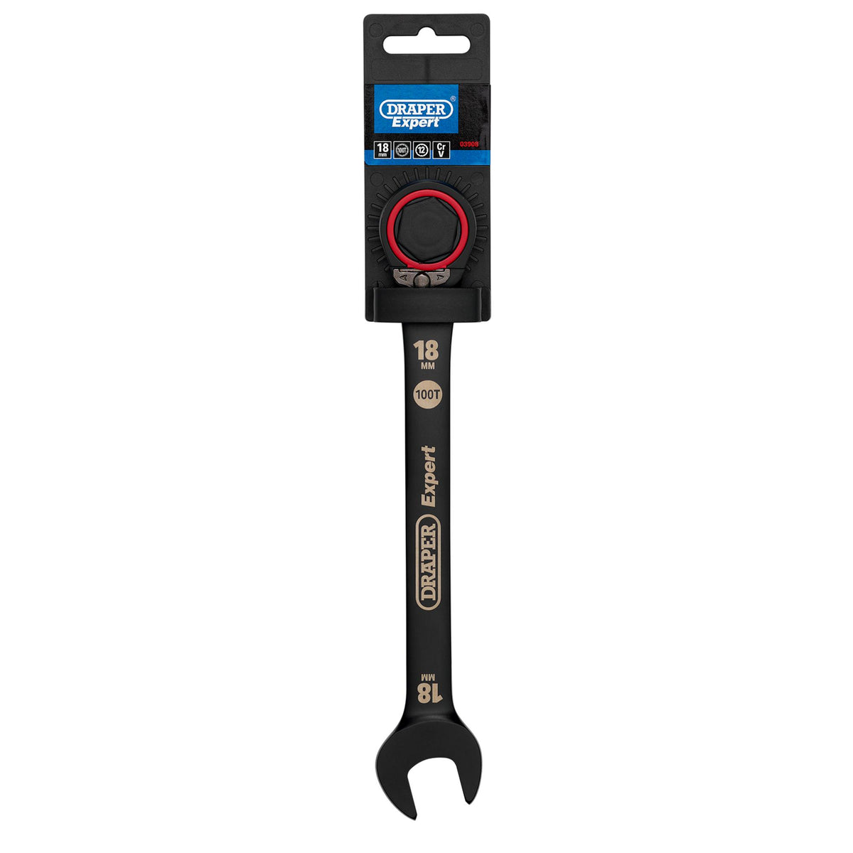 Draper Expert HI-TORQ Metric Reversible Ratchet Combination Spanner, 18mm, Black: No.8241RMM/BK