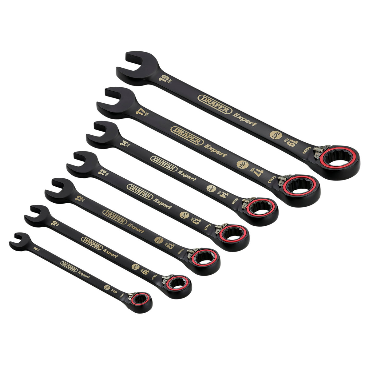 Draper Expert HI-TORQ Metric Reversible Ratchet Combination Spanner Set, Black (7 Piece): No.8241RMM/BK/7