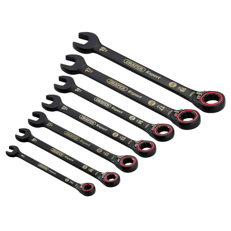 Draper Expert HI-TORQ Metric Reversible Ratchet Combination Spanner Set, Black (7 Piece): No.8241RMM/BK/7