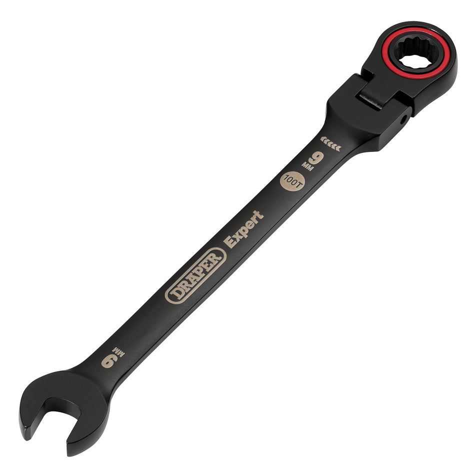 Draper Expert HI-TORQ Metric Flexible Head Ratchet Combination Spanner, 9mm, Black : Model No. 8241FMM/BK