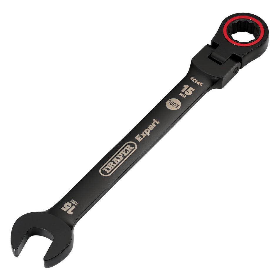 Draper Expert HI-TORQ Metric Flexible Head Ratchet Combination Spanner, 15mm, Black : Model No. 8241FMM/BK