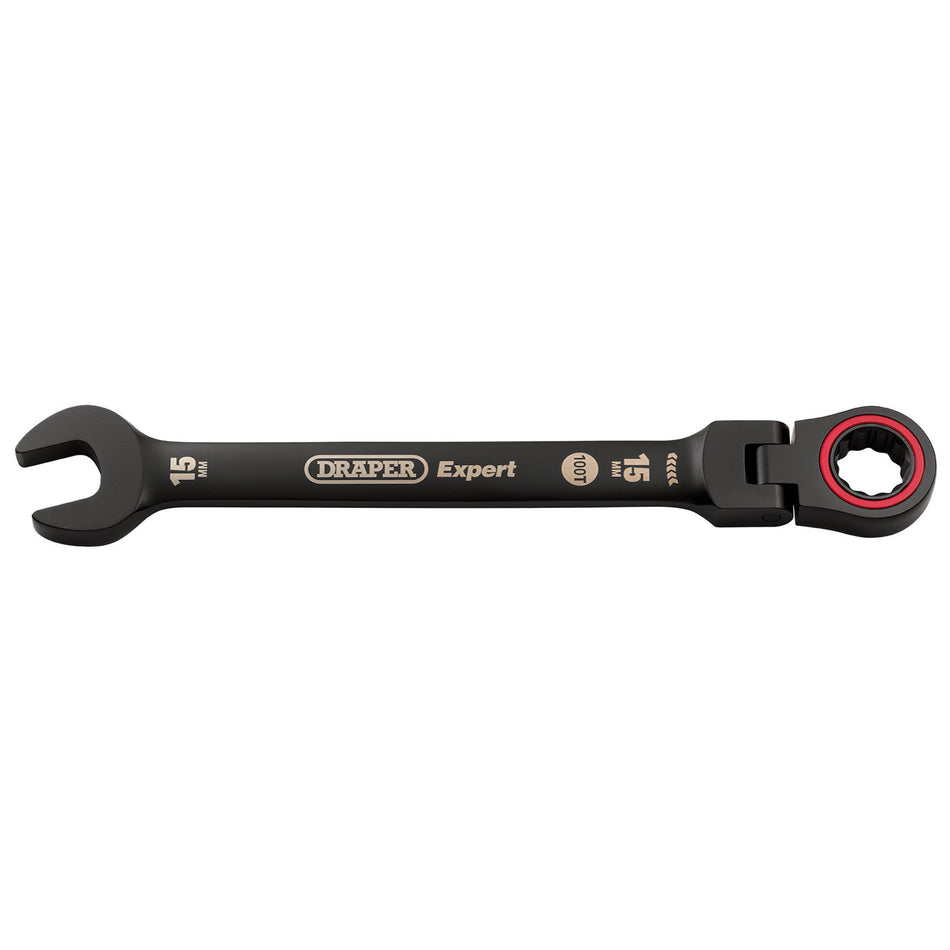 Draper Expert HI-TORQ Metric Flexible Head Ratchet Combination Spanner, 15mm, Black : Model No. 8241FMM/BK