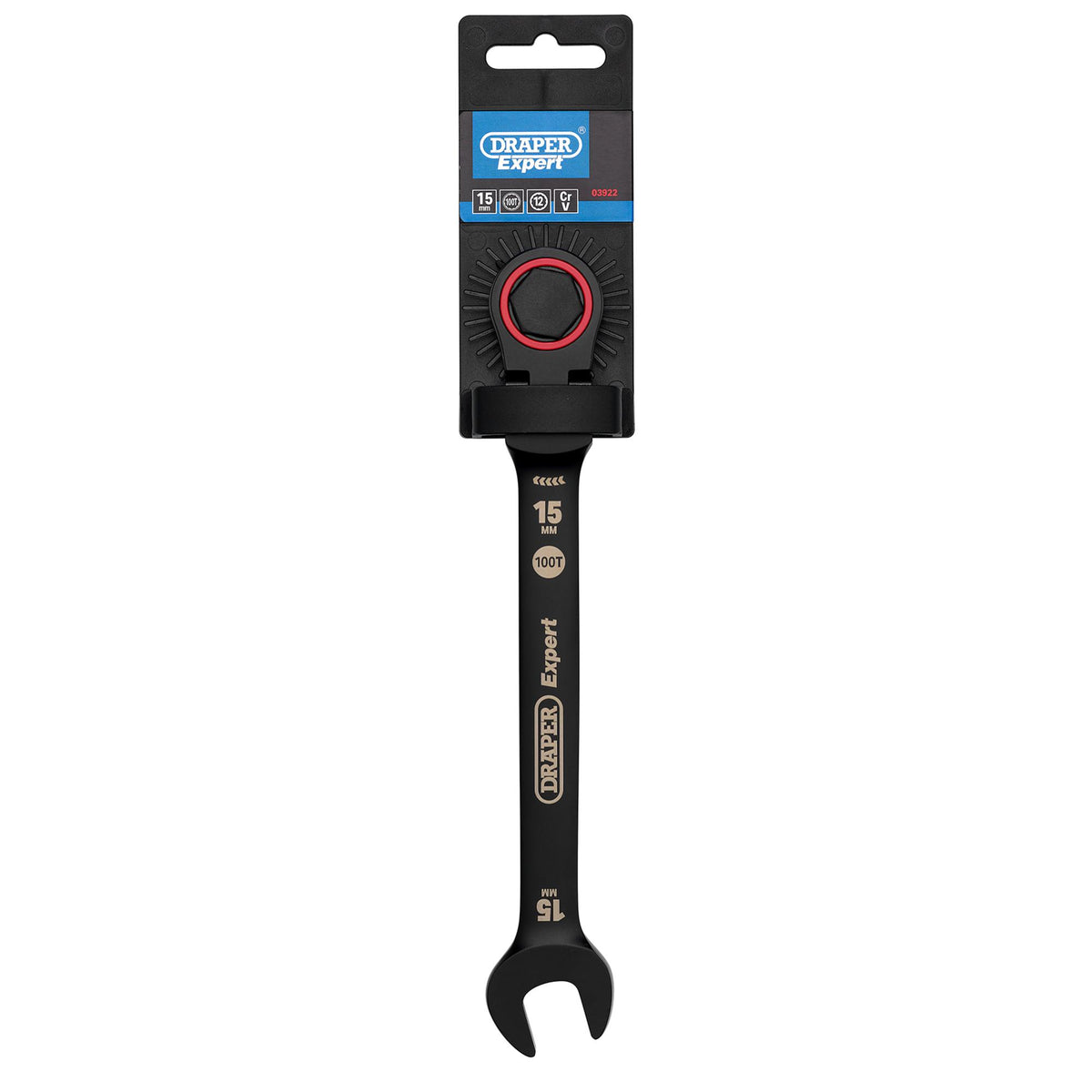 Draper Expert HI-TORQ Metric Flexible Head Ratchet Combination Spanner, 15mm, Black : Model No. 8241FMM/BK