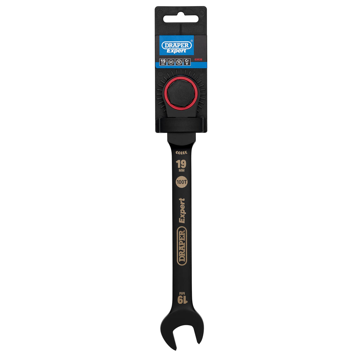 Draper Expert HI-TORQ Metric Flexible Head Ratchet Combination Spanner, 19mm, Black : Model No. 8241FMM/BK