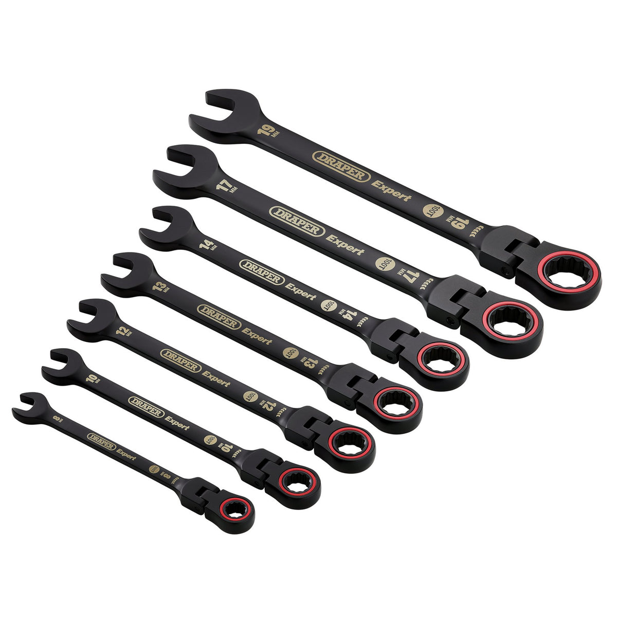 Draper Expert HI-TORQ Metric Flexible Head Ratchet Combination Spanner Set, Black (7 Piece) : Model No. 8241FMM/BK/7