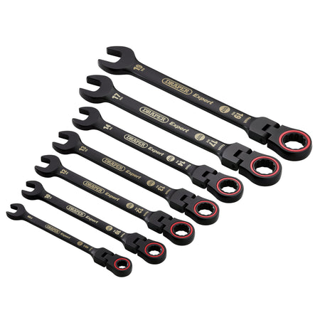 Draper Expert HI-TORQ Metric Flexible Head Ratchet Combination Spanner Set, Black (7 Piece) : Model No. 8241FMM/BK/7