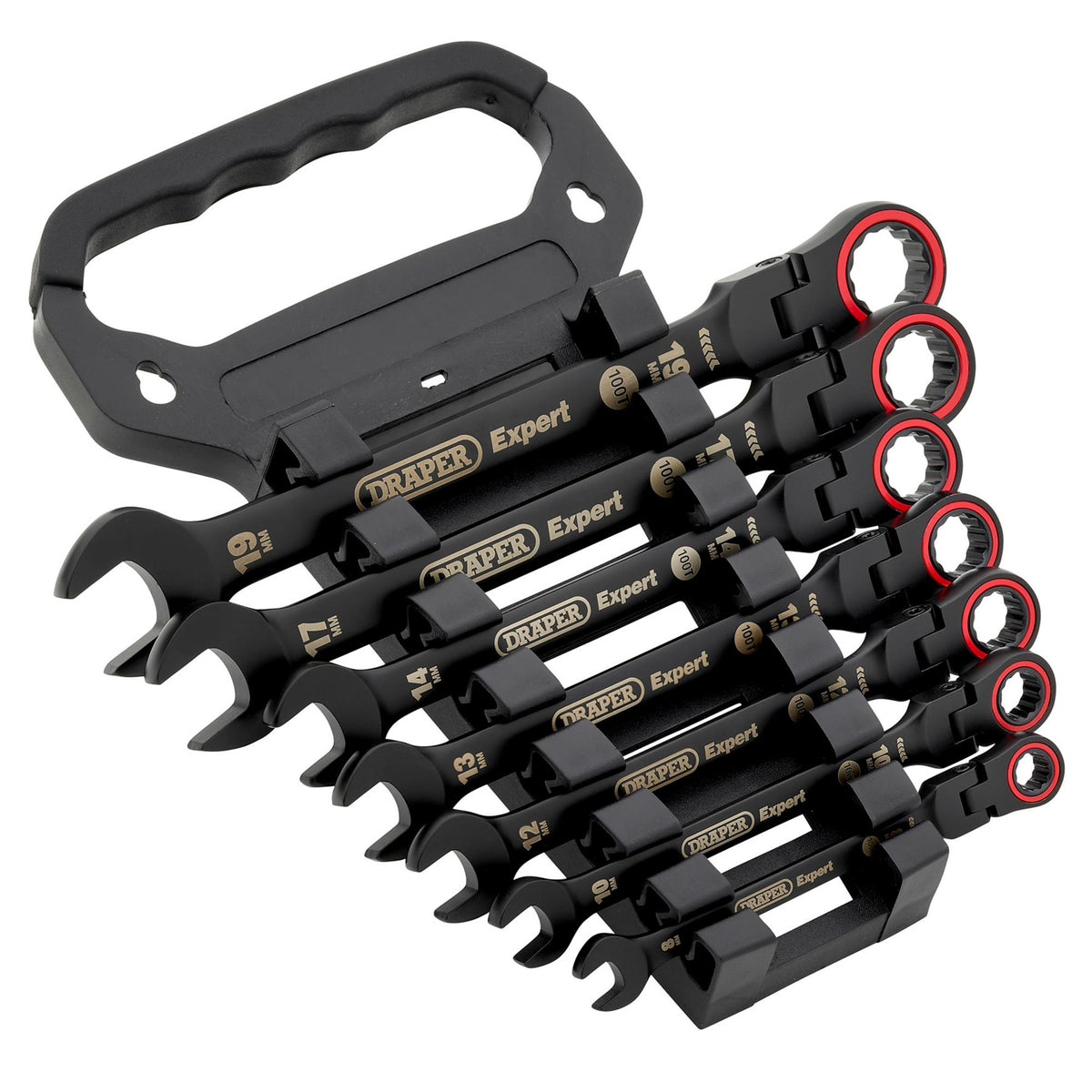 Draper Expert HI-TORQ Metric Flexible Head Ratchet Combination Spanner Set, Black (7 Piece) : Model No. 8241FMM/BK/7