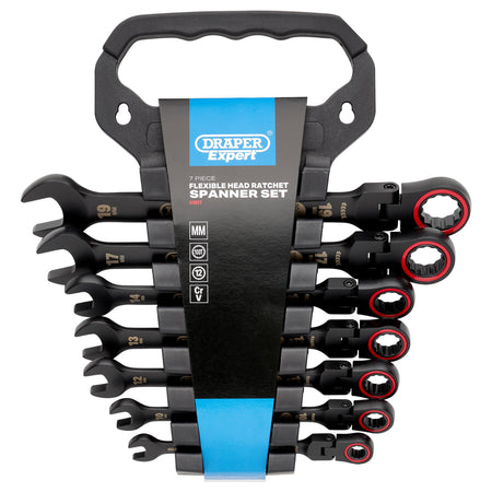 Draper Expert HI-TORQ Metric Flexible Head Ratchet Combination Spanner Set, Black (7 Piece) : Model No. 8241FMM/BK/7