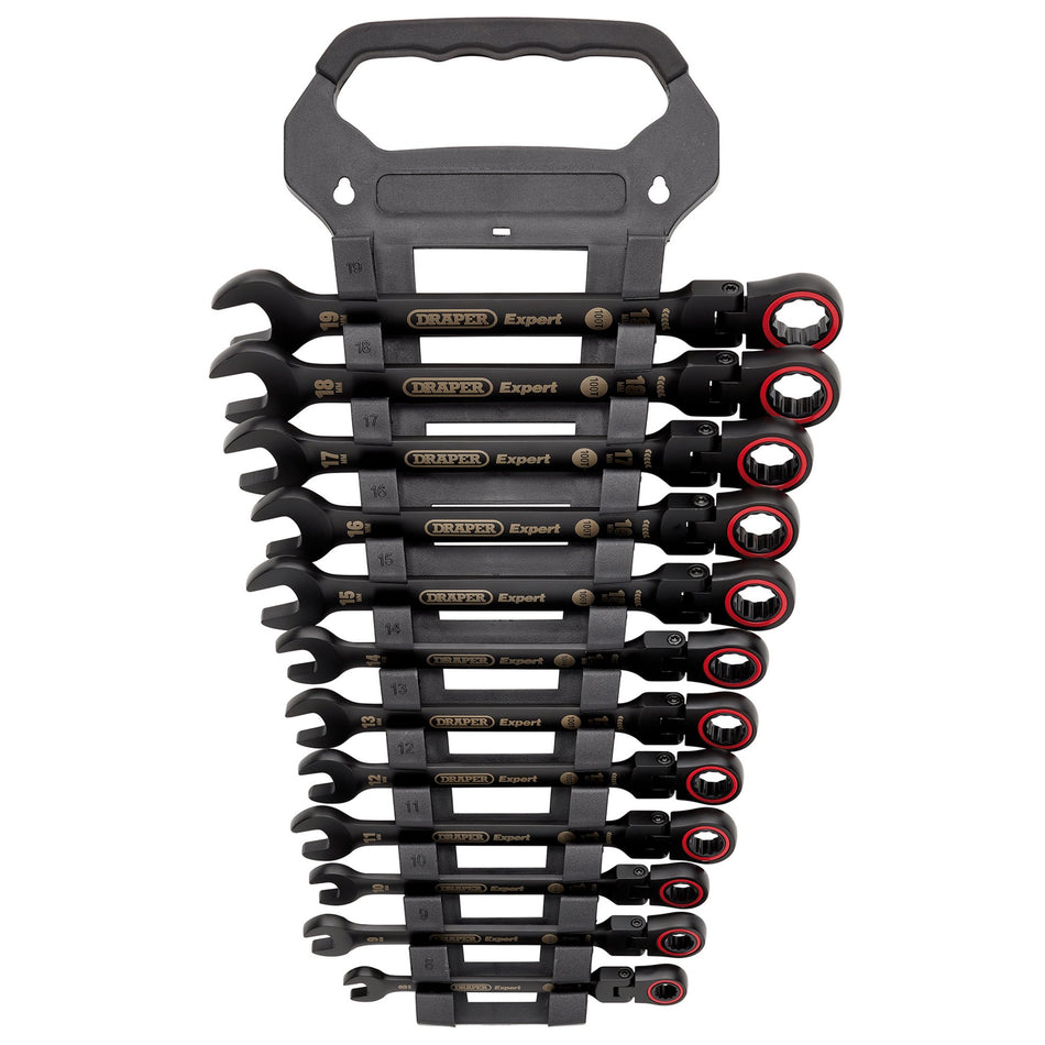 Draper Expert HI-TORQ Metric Flexible Head Ratchet Combination Spanner Set, Black (12 Piece) : Model No. 8241FMM/BK/12