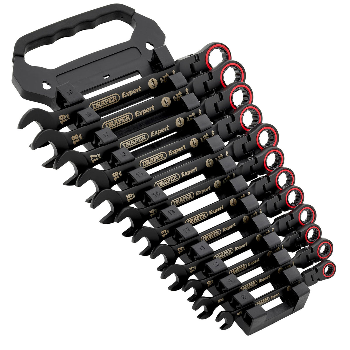 Draper Expert HI-TORQ Metric Flexible Head Ratchet Combination Spanner Set, Black (12 Piece) : Model No. 8241FMM/BK/12