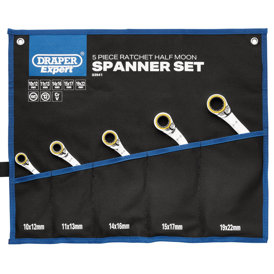 Draper Expert HI-TORQ Double Ring Ratchet Half Moon Spanner Set (5 Piece): No.8242RMM/5