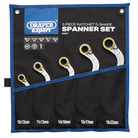 Draper Expert HI-TORQ Double Ring Ratchet S-Shape Spanner Set (5 Piece): No.8243RMM/5