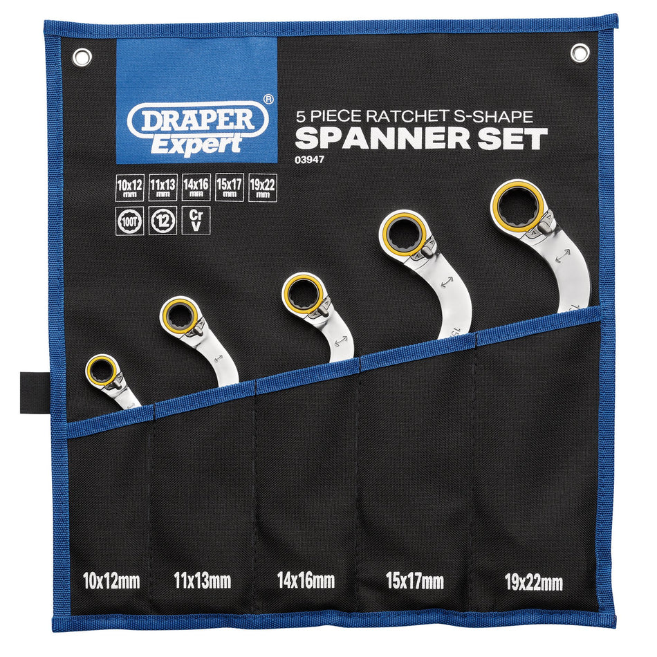 Draper Expert HI-TORQ Double Ring Ratchet S-Shape Spanner Set (5 Piece): No.8243RMM/5