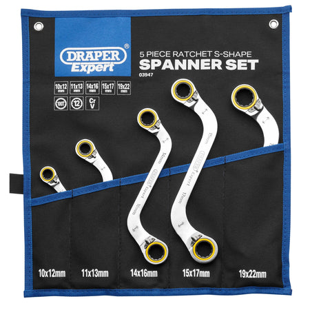 Draper Expert HI-TORQ Double Ring Ratchet S-Shape Spanner Set (5 Piece): No.8243RMM/5