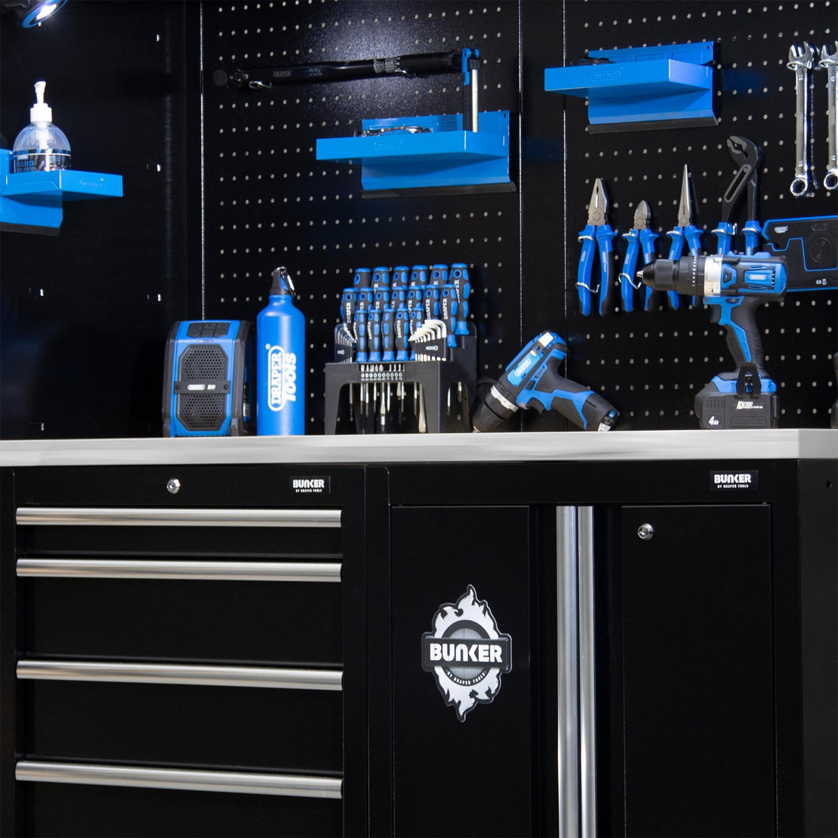 DRAPER BUNKER Modular Storage Combo with Stainless Steel Worktop (11 Piece) Model No. MS400COMBO/11B