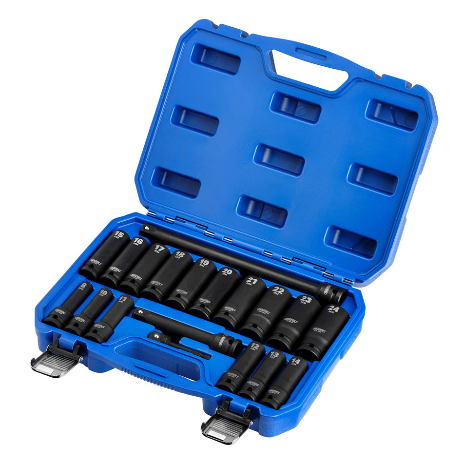 Draper HI-TORQ Metric Deep Impact Socket Set, 1/2" Sq. Dr. (19 Piece) : Model No. 410D/19/MM