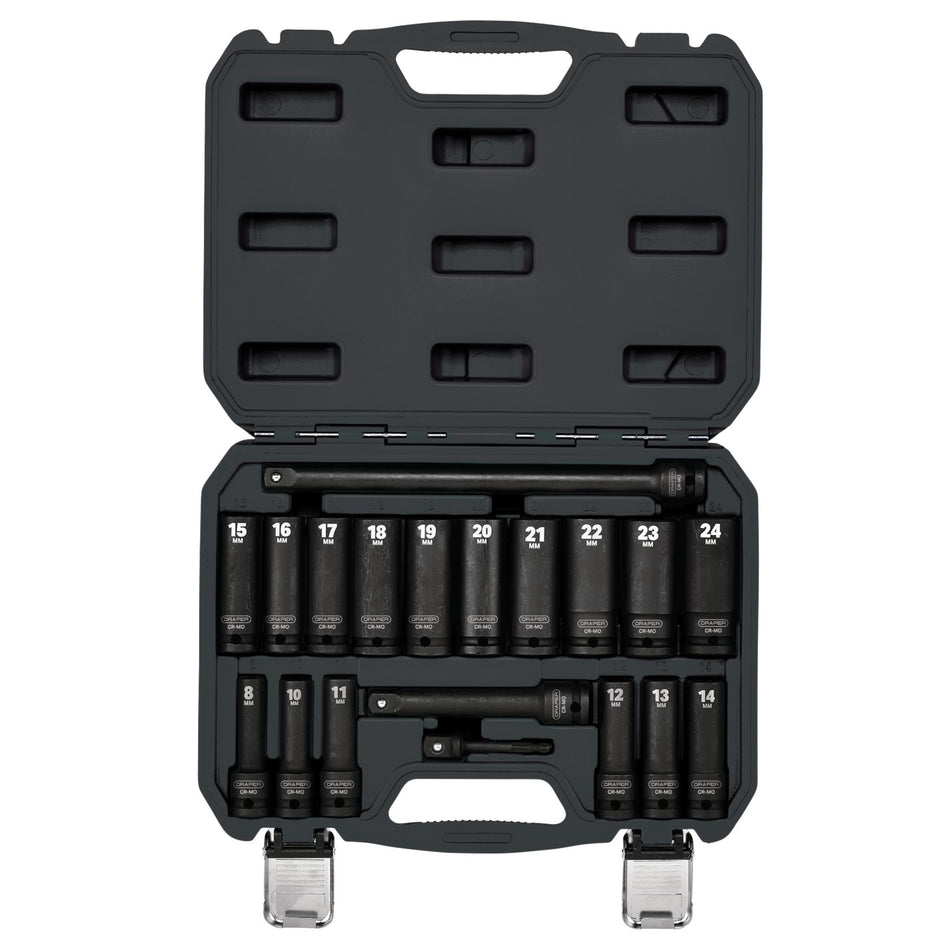 Draper HI-TORQ Metric Deep Impact Socket Set, 1/2" Sq. Dr. (19 Piece) : Model No. 410D/19/MM