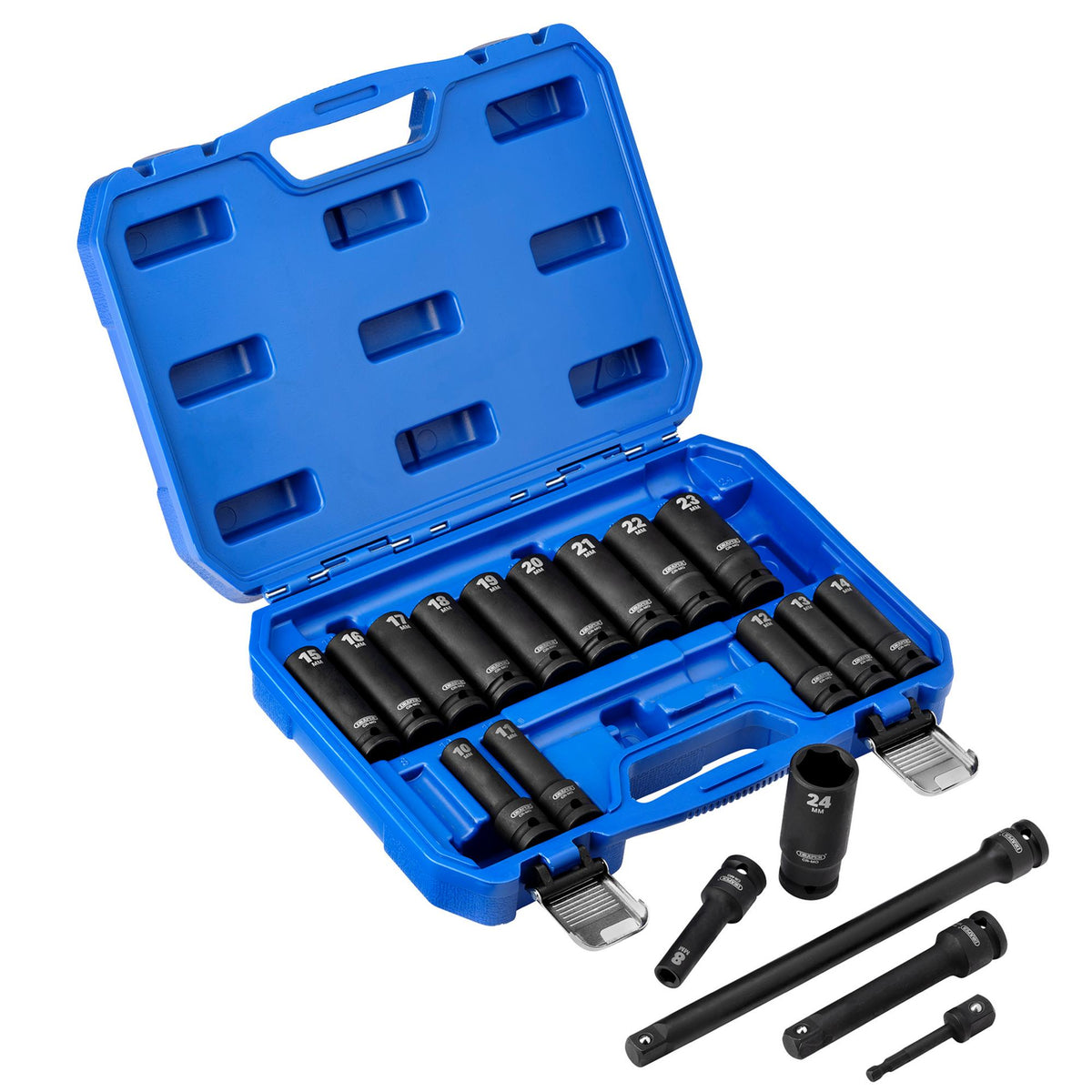 Draper HI-TORQ Metric Deep Impact Socket Set, 1/2" Sq. Dr. (19 Piece) : Model No. 410D/19/MM