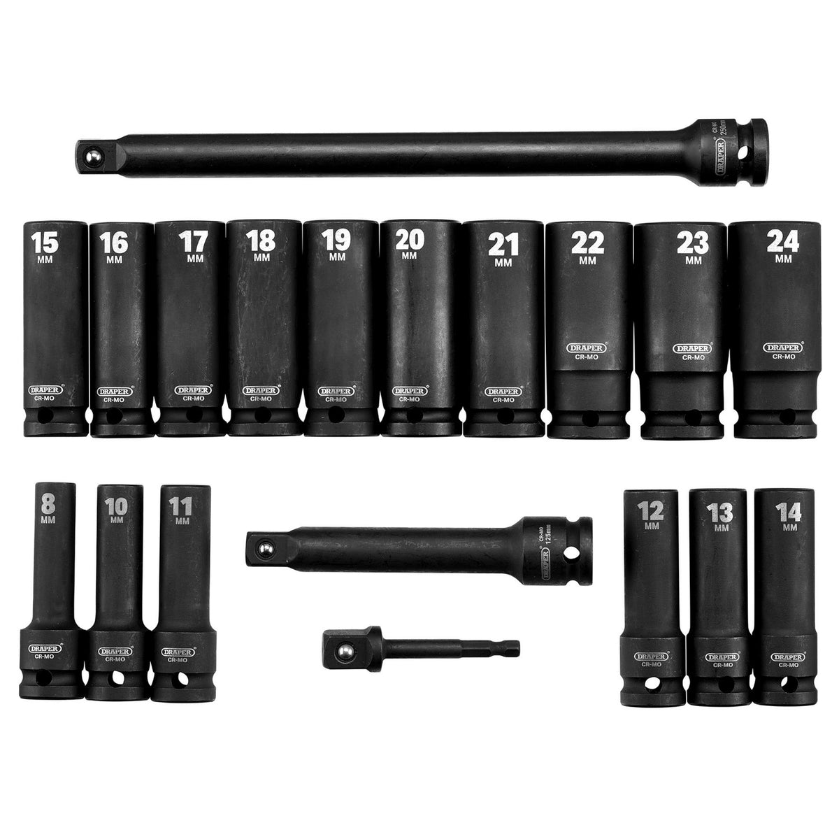Draper HI-TORQ Metric Deep Impact Socket Set, 1/2" Sq. Dr. (19 Piece) : Model No. 410D/19/MM