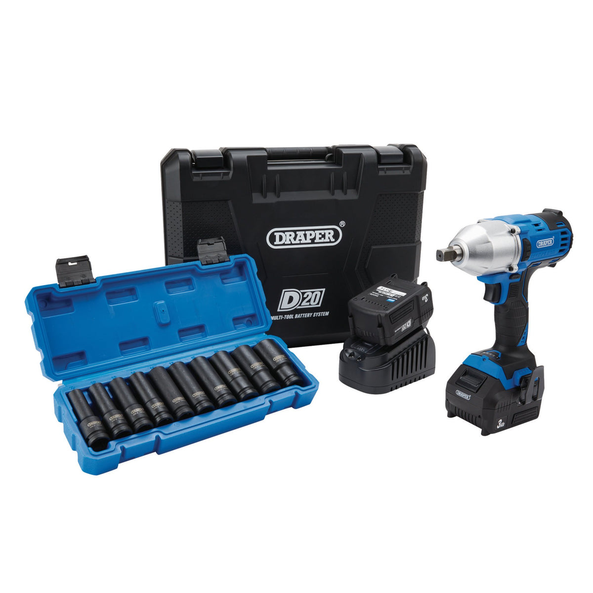 D20 20V Brushless Mid-Torque Impact Wrench Kit, 1/2" & Metric Deep Impact Socket Set (10 Piece): Model No. PTKD20/OCT2
