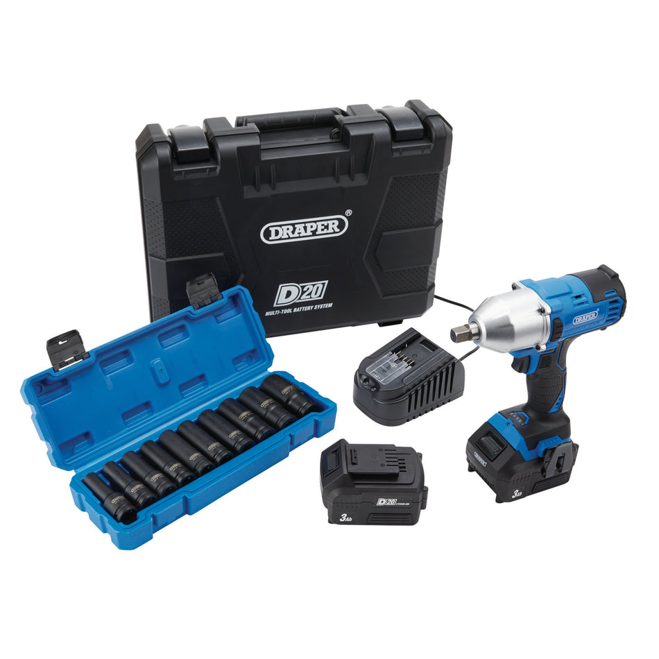 D20 20V Brushless Mid-Torque Impact Wrench Kit, 1/2" & Metric Deep Impact Socket Set (10 Piece): Model No. PTKD20/OCT2