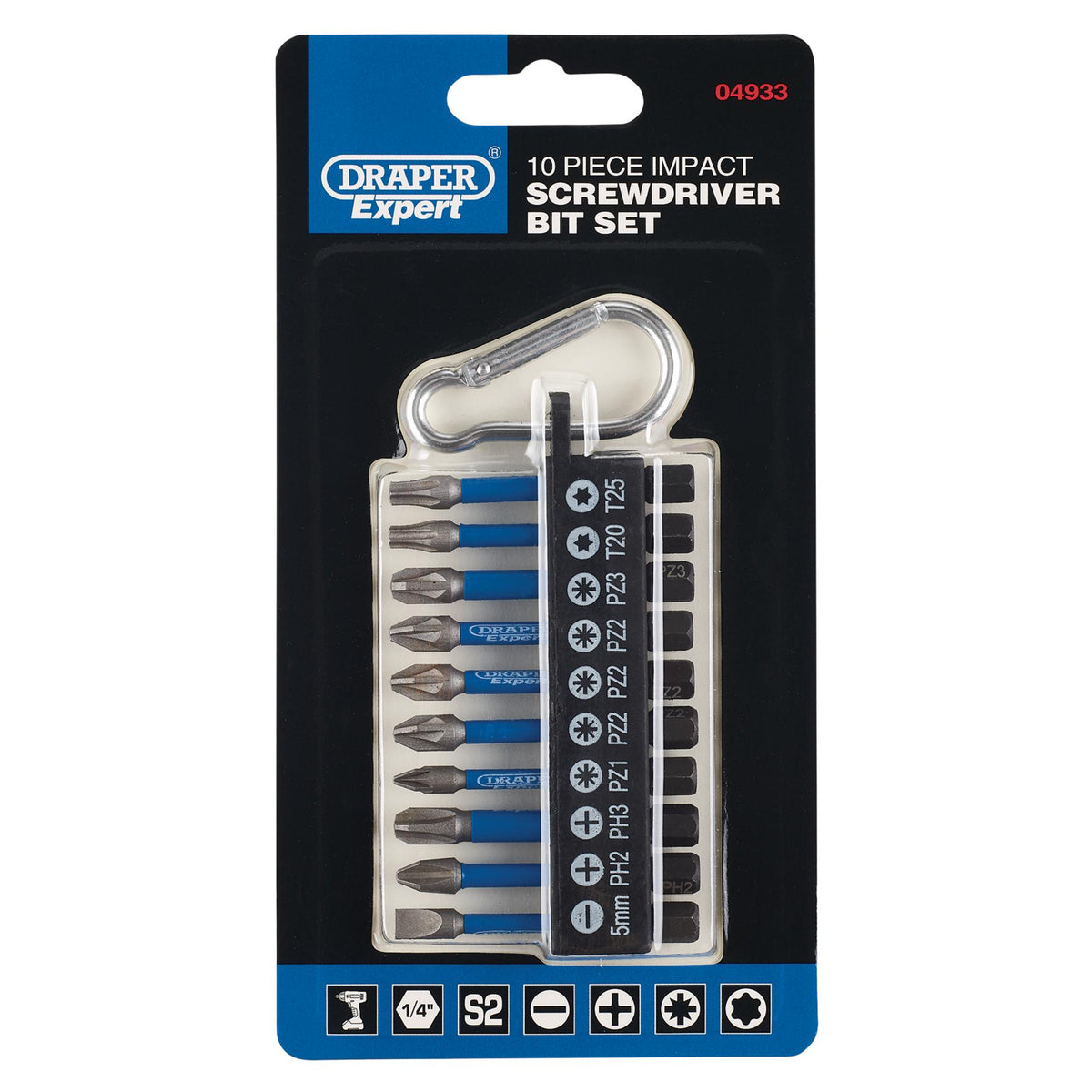 Draper Expert Impact Screwdriver Bit Set, 50mm, 1/4" Hex (10 Piece) : Model No. IMBH10