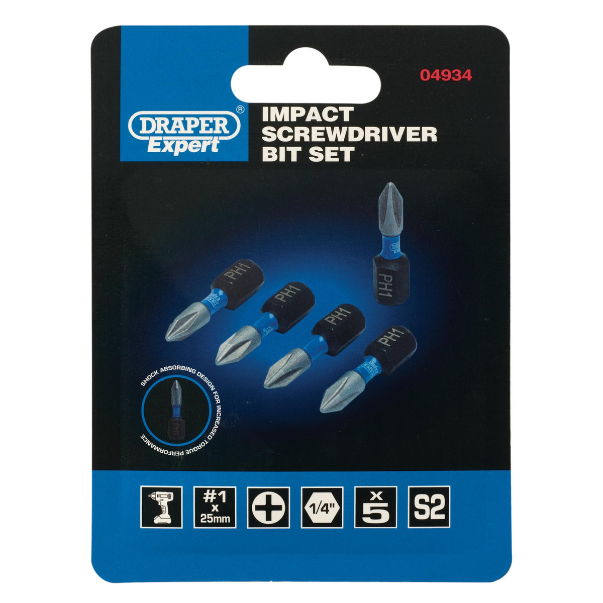 Draper Expert Cross Slot/PH Type Impact Screwdriver Bits, No.1 x 25mm, 1/4" Hex (Pack of 5) : Model No. IMBH/PH25/5