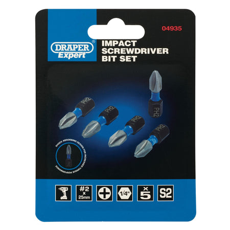 Draper Expert Cross Slot/PH Type Impact Screwdriver Bits, No.2 x 25mm, 1/4" Hex (Pack of 5) : Model No. IMBH/PH25/5