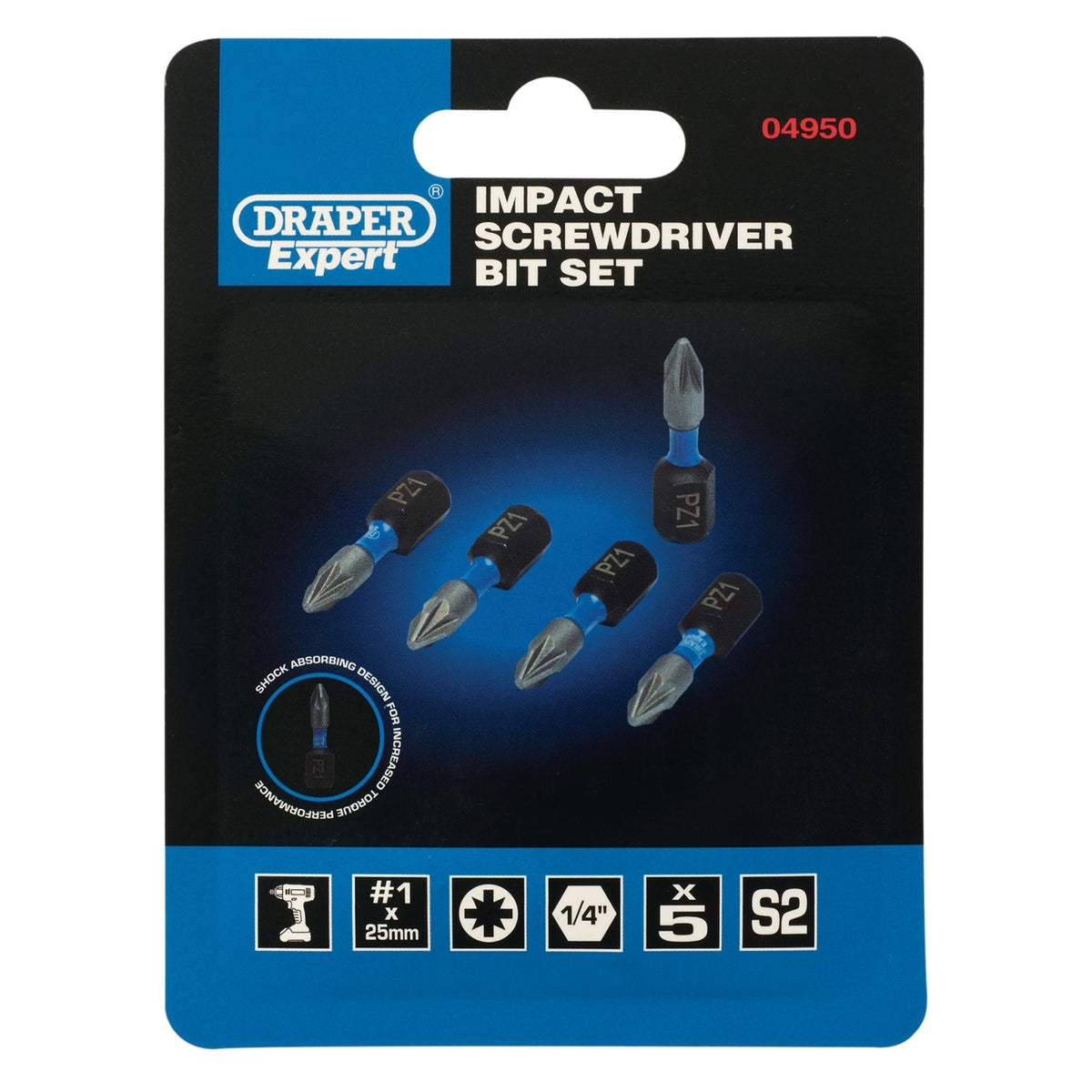 Draper Expert PZ-Type Impact Screwdriver Bits, No.1 x 25mm, 1/4" Hex (Pack of 5) : Model No. IMBH/PZ25/5