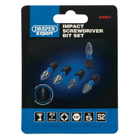 Draper Expert PZ-Type Impact Screwdriver Bits, No.2 x 25mm, 1/4" Hex (Pack of 5) : Model No. IMBH/PZ25/5