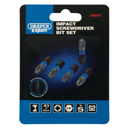Draper Expert PZ-Type Impact Screwdriver Bits, No.3 x 25mm, 1/4" Hex (Pack of 5) : Model No. IMBH/PZ25/5