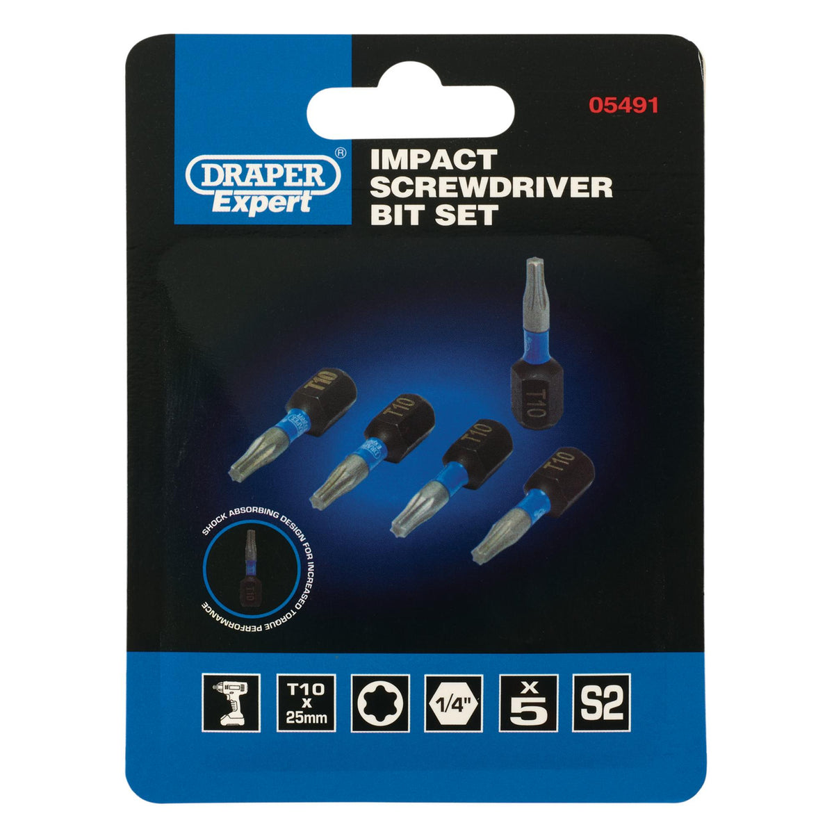 Draper Expert TX-STAR Impact Screwdriver Bits, T10 x 25mm, 1/4" Hex (Pack of 5) : Model No. IMBH/TX25/5