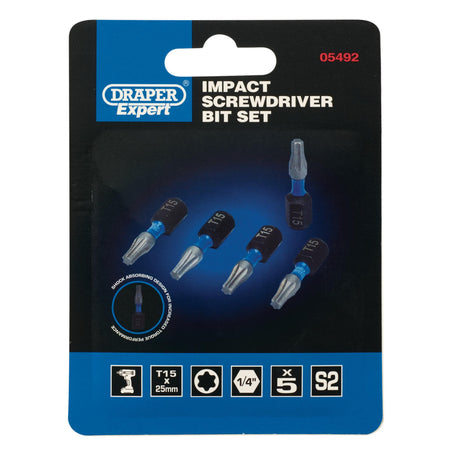 Draper Expert TX-STAR Impact Screwdriver Bits, T15 x 25mm, 1/4" Hex (Pack of 5) : Model No. IMBH/TX25/5