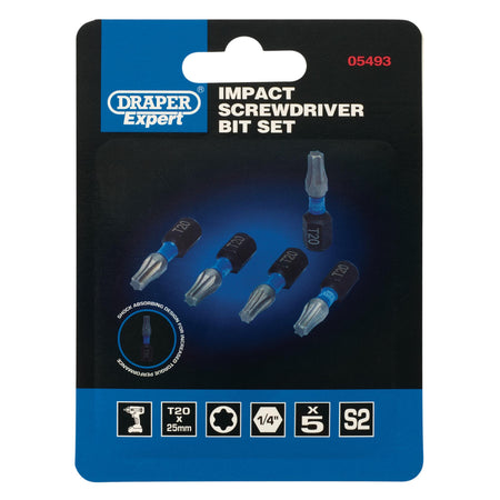 Draper Expert TX-STAR Impact Screwdriver Bits, T20 x 25mm, 1/4" Hex (Pack of 5) : Model No. IMBH/TX25/5
