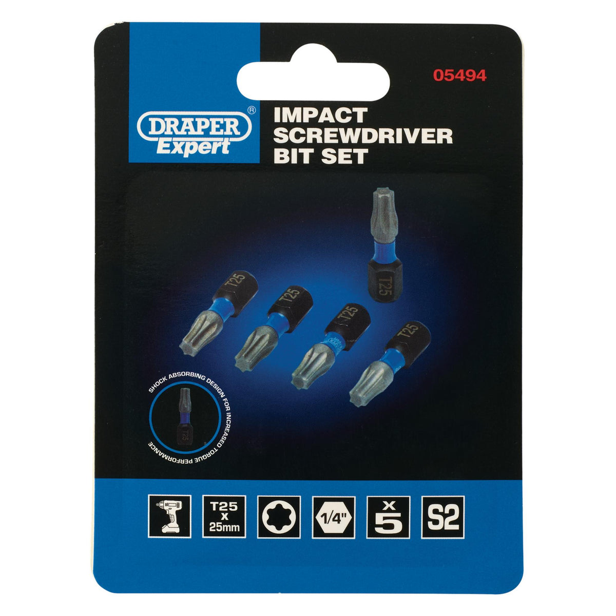 Draper Expert TX-STAR Impact Screwdriver Bits, T25 x 25mm, 1/4" Hex (Pack of 5) : Model No. IMBH/TX25/5