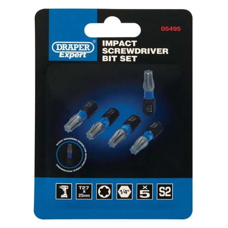 Draper Expert TX-STAR Impact Screwdriver Bits, T27 x 25mm, 1/4" Hex (Pack of 5) : Model No. IMBH/TX25/5