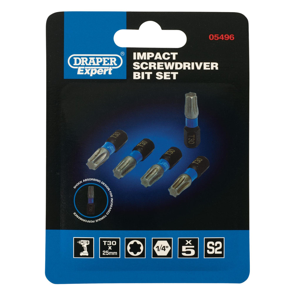Draper Expert TX-STAR Impact Screwdriver Bits, T30 x 25mm, 1/4" Hex (Pack of 5) : Model No. IMBH/TX25/5