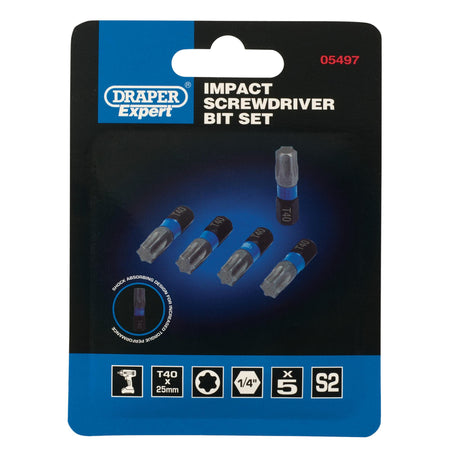 Draper Expert TX-STAR Impact Screwdriver Bits, T40 x 25mm, 1/4" Hex (Pack of 5) : Model No. IMBH/TX25/5