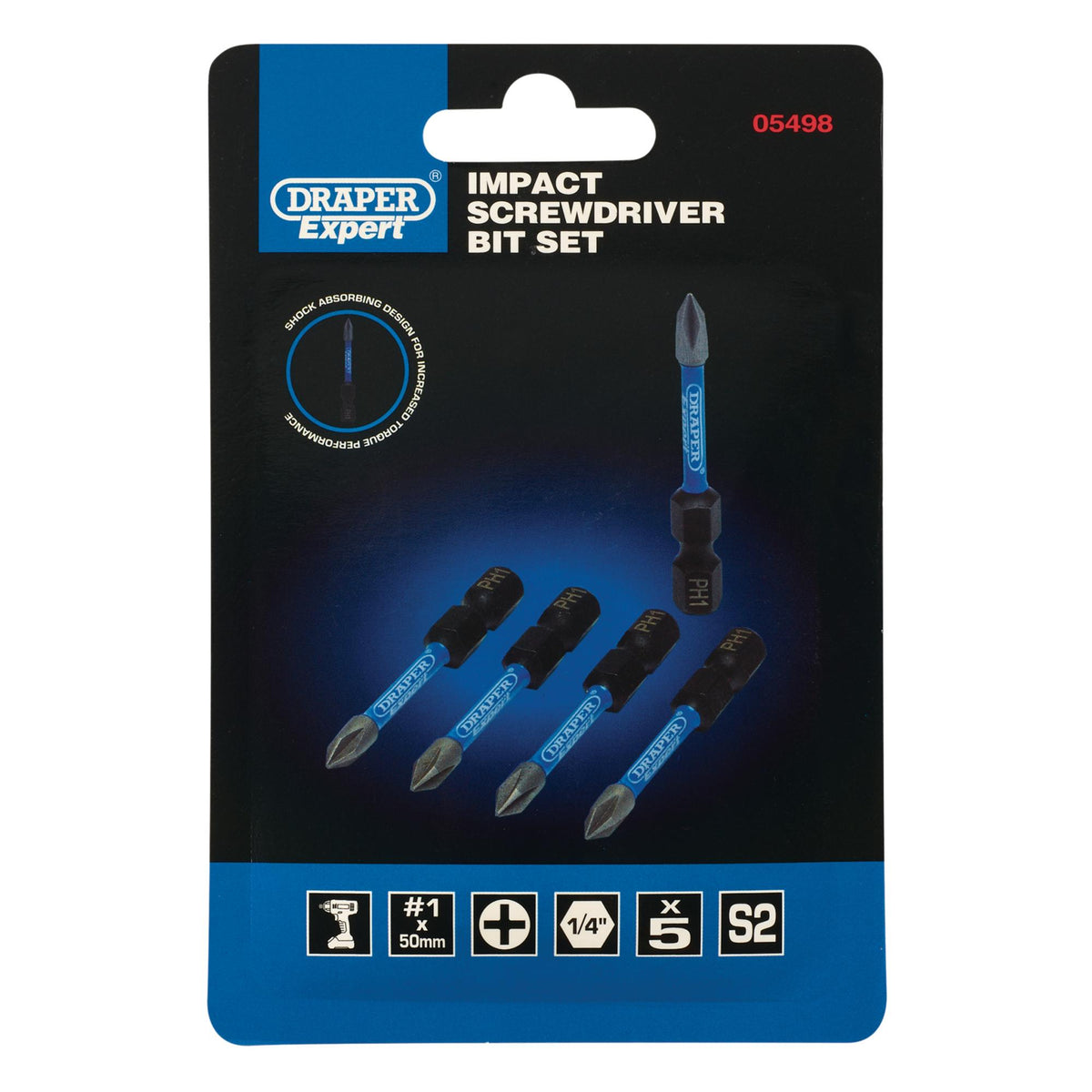 Draper Expert Cross Slot/PH Type Impact Screwdriver Bits, No.1 x 50mm, 1/4" Hex (Pack of 5) : Model No. IMBH/PH50/5