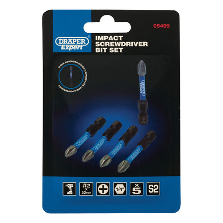 Draper Expert Cross Slot/PH Type Impact Screwdriver Bits, No.2 x 50mm, 1/4" Hex (Pack of 5) : Model No. IMBH/PH50/5