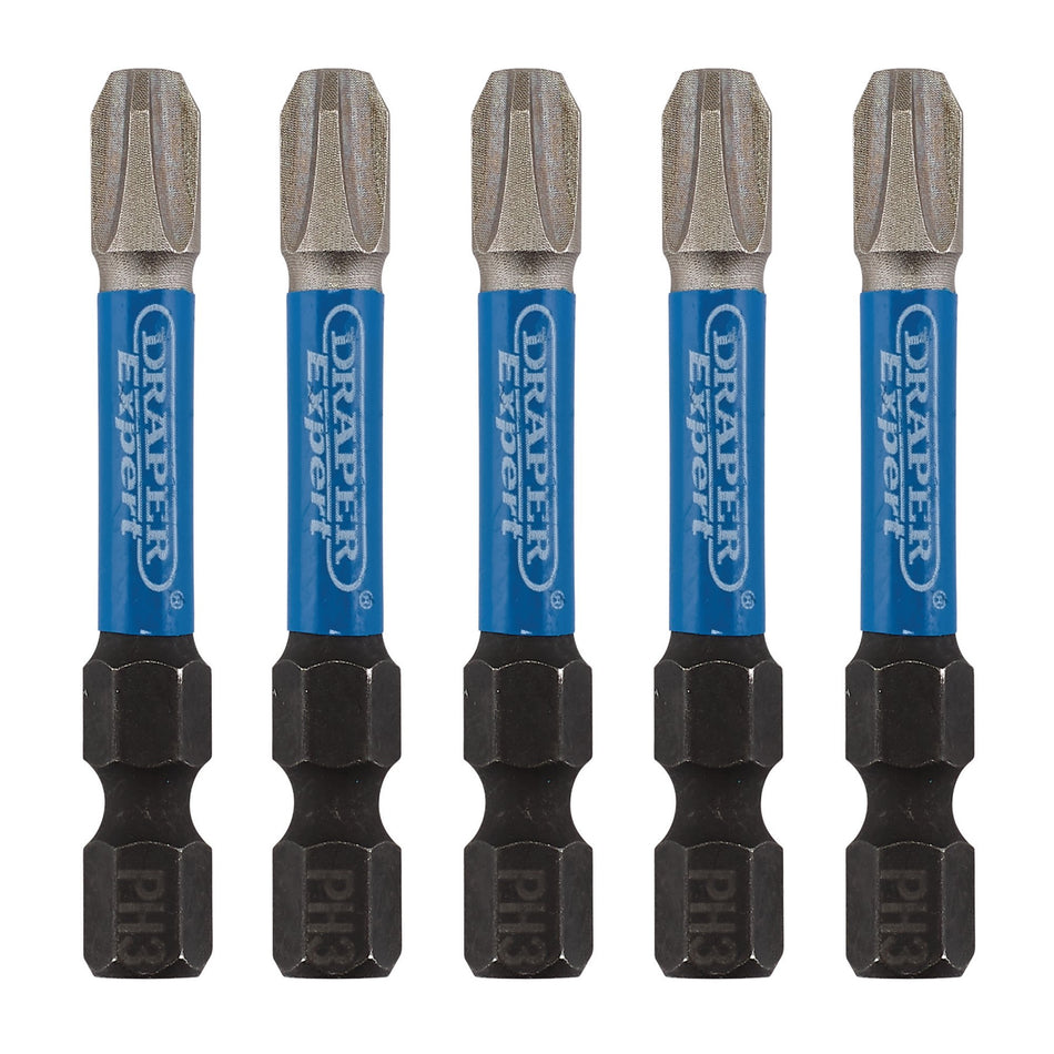 Draper Expert Cross Slot/PH Type Impact Screwdriver Bits, No.3 x 50mm, 1/4" Hex (Pack of 5) : Model No. IMBH/PH50/5