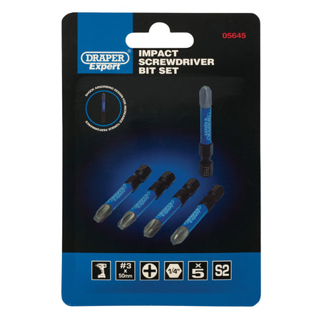 Draper Expert Cross Slot/PH Type Impact Screwdriver Bits, No.3 x 50mm, 1/4" Hex (Pack of 5) : Model No. IMBH/PH50/5