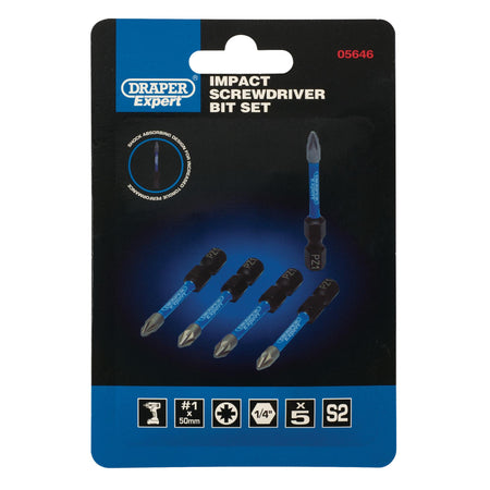 Draper Expert PZ-Type Impact Screwdriver Bits, No.1 x 50mm, 1/4" Hex (Pack of 5) : Model No. IMBH/PZ50/5