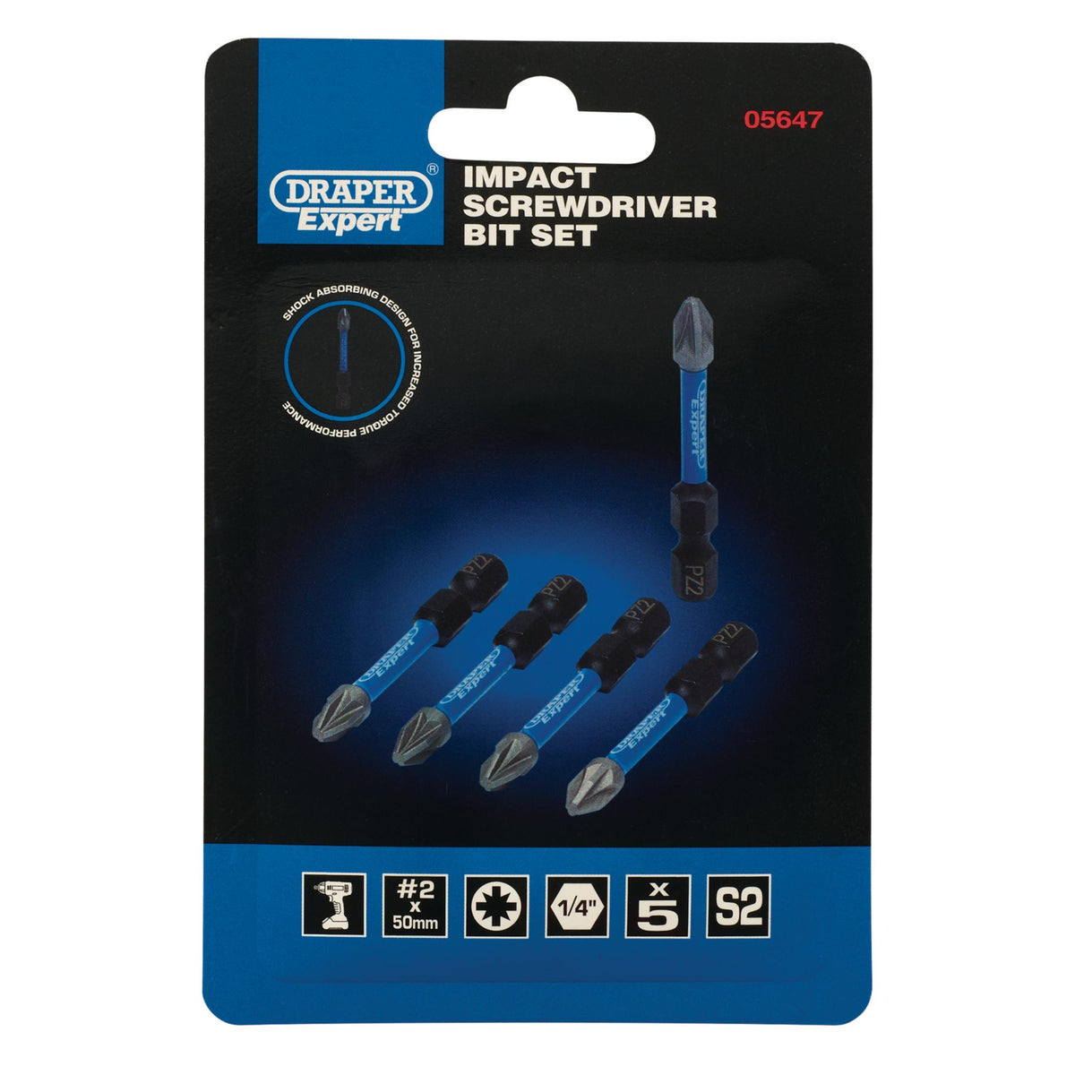 Draper Expert PZ-Type Impact Screwdriver Bits, No.2 x 50mm, 1/4" Hex (Pack of 5) : Model No. IMBH/PZ50/5