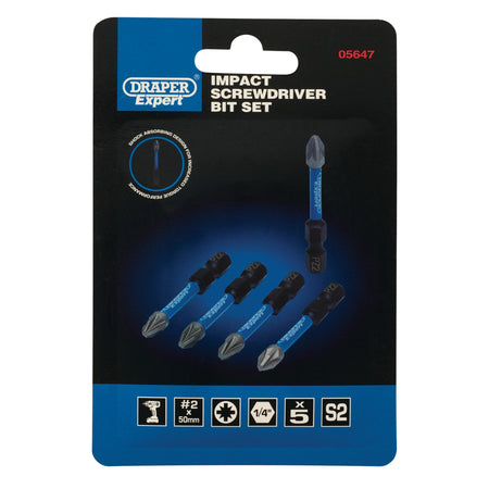 Draper Expert PZ-Type Impact Screwdriver Bits, No.2 x 50mm, 1/4" Hex (Pack of 5) : Model No. IMBH/PZ50/5