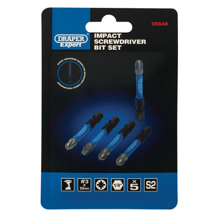 Draper Expert PZ-Type Impact Screwdriver Bits, No.3 x 50mm, 1/4" Hex (Pack of 5) : Model No. IMBH/PZ50/5