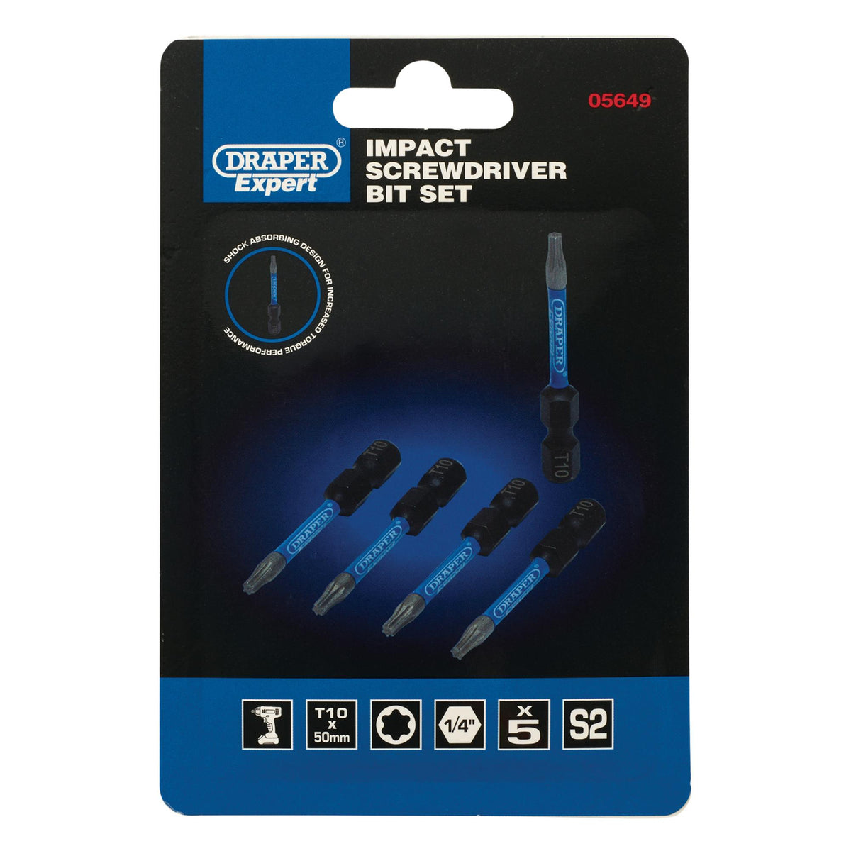 Draper Expert TX-STAR Impact Screwdriver Bits, T10 x 50mm, 1/4" Hex (Pack of 5) : Model No. IMBH/TX50/5
